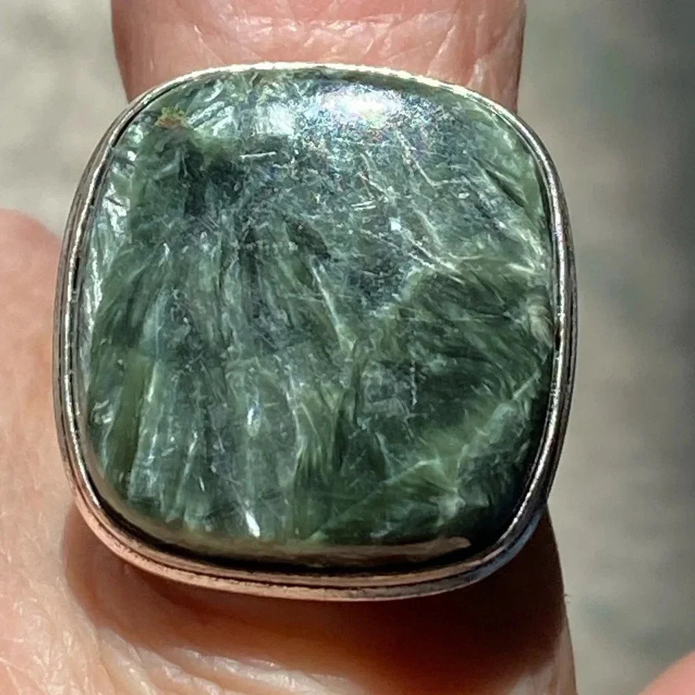Size 8 Handmade Seraphinite Organic Square 925 Ster Silver Ring